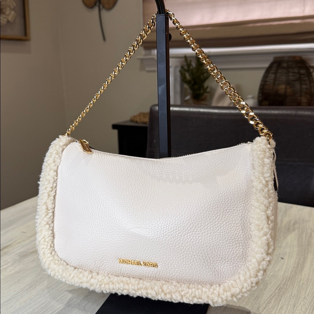 Michael Kors Carmela White Leather with Fur Trim Gold Accent Shoulder/Crossbody